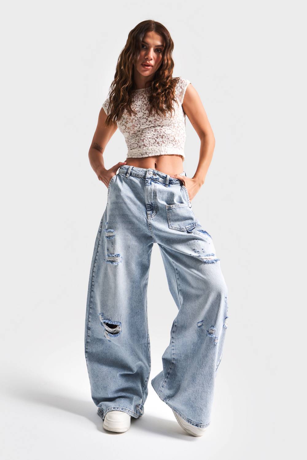 Kadın Kot Rengi 12S5-3 Mega Baggy Fit Süper Bol %100 Koton Orta Bel Denim Jean