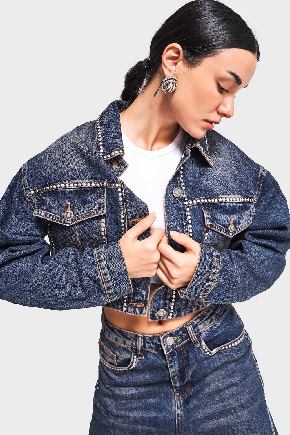 Kadın T.Kot Rengi 2W4-8 Zımba Parlak Taşlı Tasarım Denim Ceket