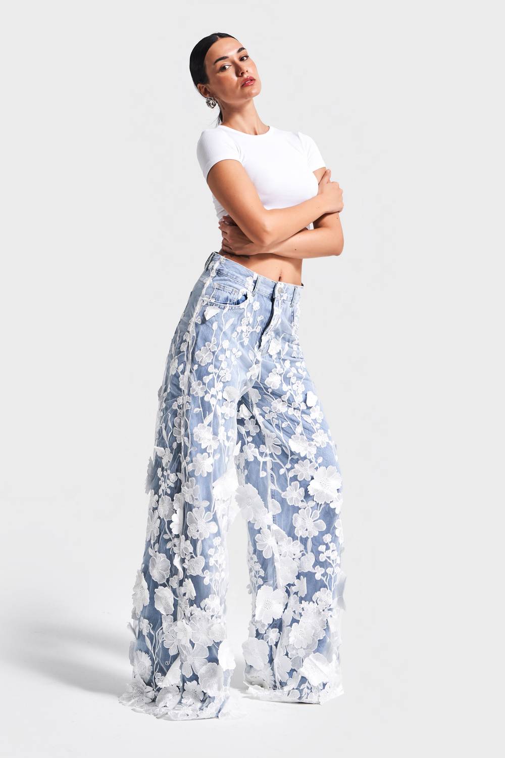 Kadın Ice Kot Rengi Çiçek Dantel Tül Detaylı Palazzo Fit Özel Tasarım Denim Jean