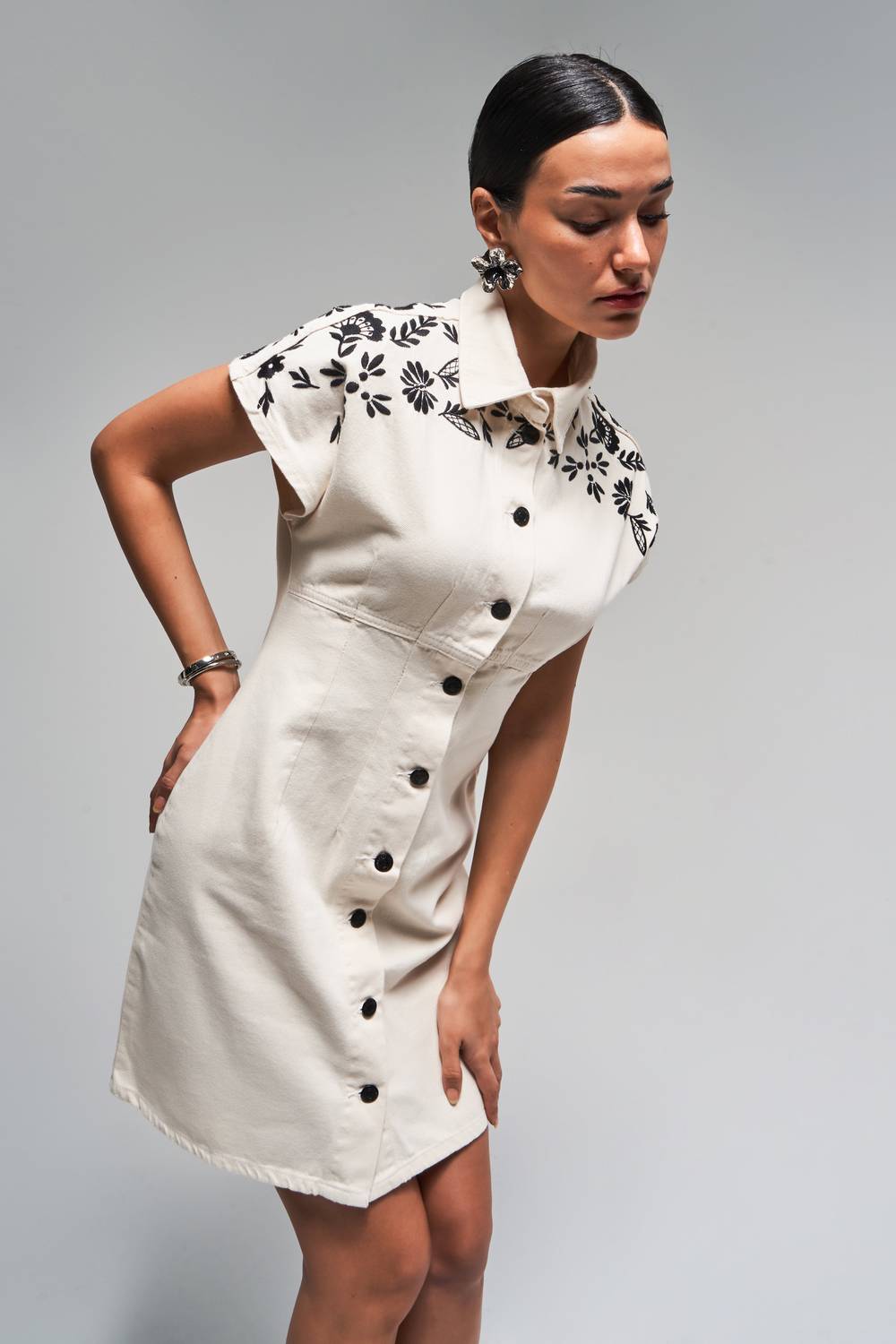 Kadın Raw Renk 7S5-69 Önü Düğmeli Nakış Detaylı Polo Yaka Tasarım Denim Elbise