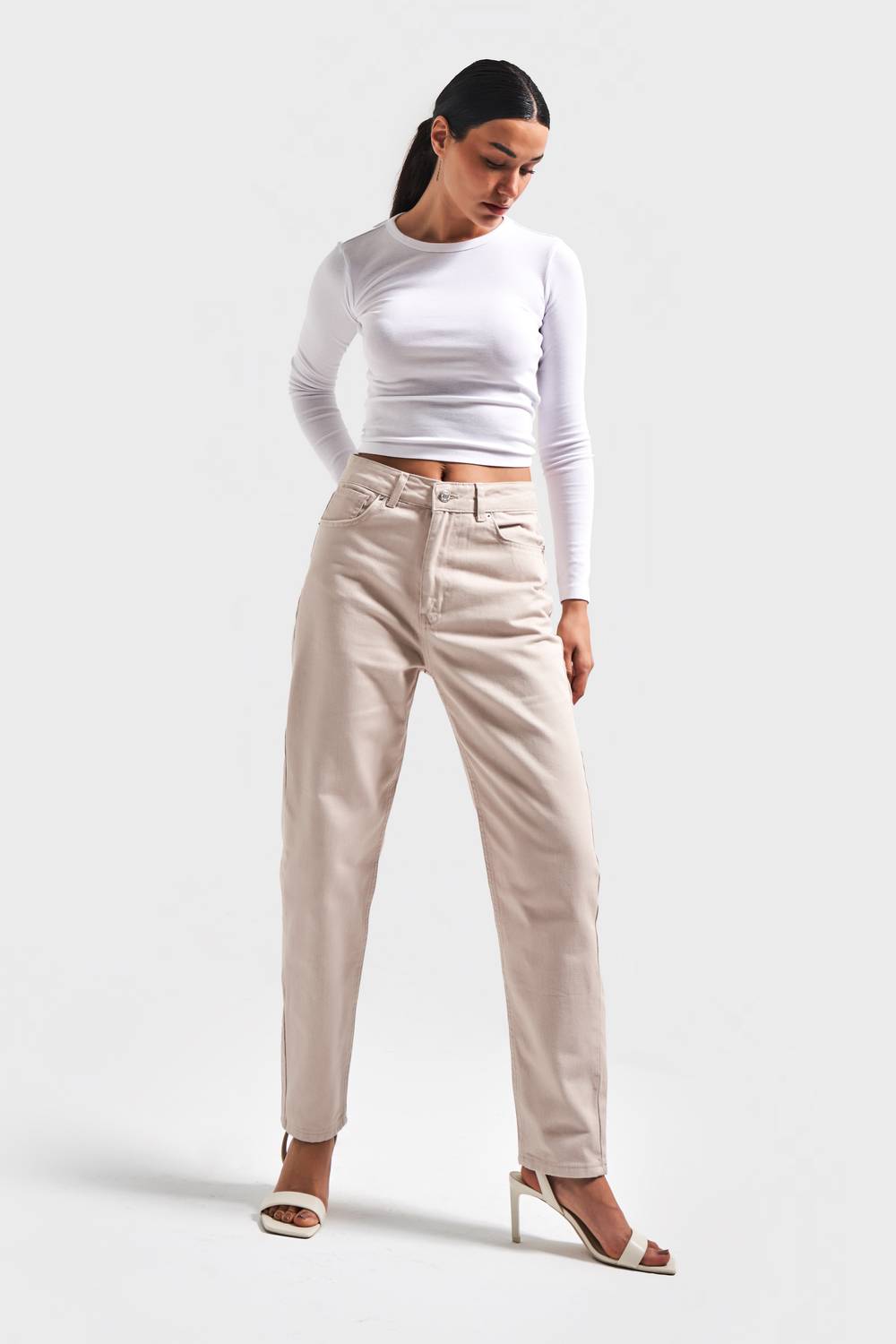 Yüksek Bel Bej Rengi Mom Jean