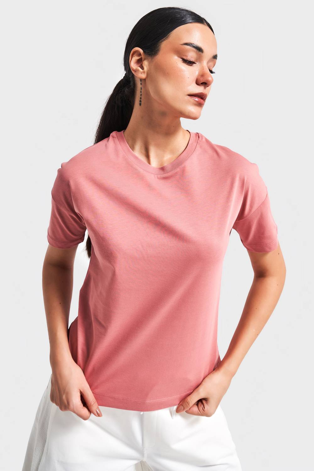 Kadın Gül Kurusu Renk S5-104 %100 Pamuk Basic Bisiklet Yaka T-Shirt