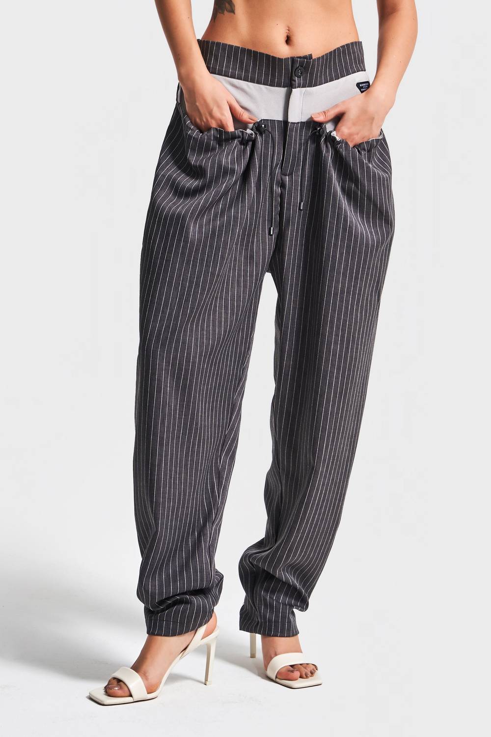 Kadın Antrasit Çizgili Renk Cep Detaylı Tasarım Binici Pantolon