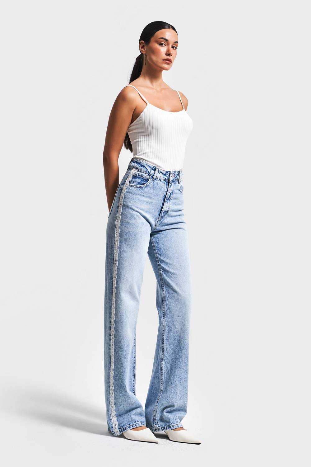 Kadın Ice Renk D1-4S5-3 Straight Fit Yüksek Bel Dantel Şeritli Tasarım %100 Koton Denim Jean