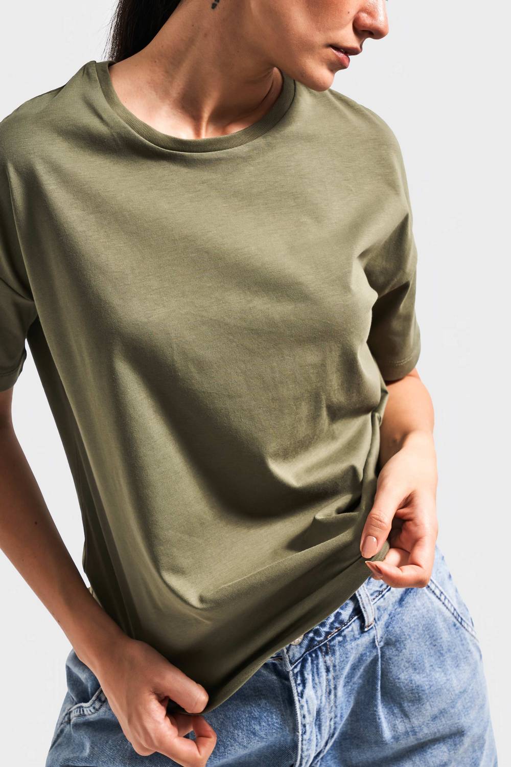 Kadın Haki Renk S5 %100 Pamuk Bisiklet Yaka Basic T-Shirt