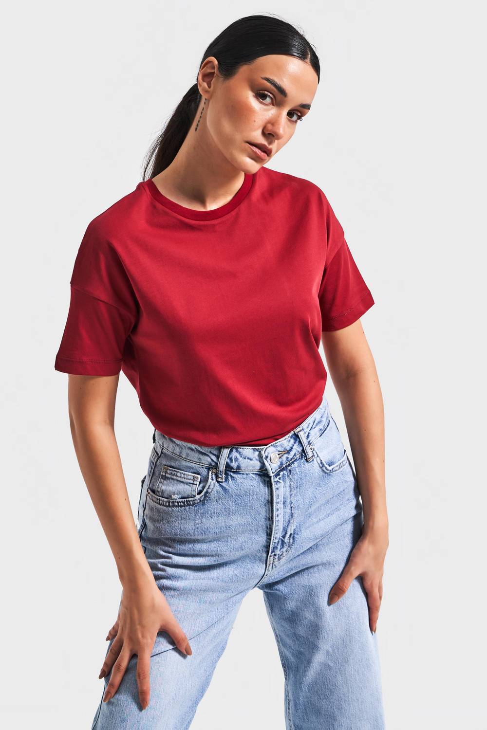 Kadın Bordo Renk S5 %100 Pamuk Bisiklet Yaka Basic T-Shirt