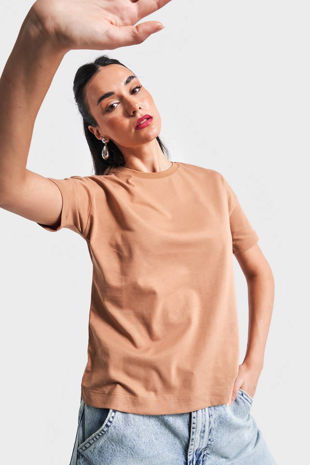 Kadın Kahverengi  S5-16  Bisiklet Yaka %100 Pamuklu Basic T-Shirt