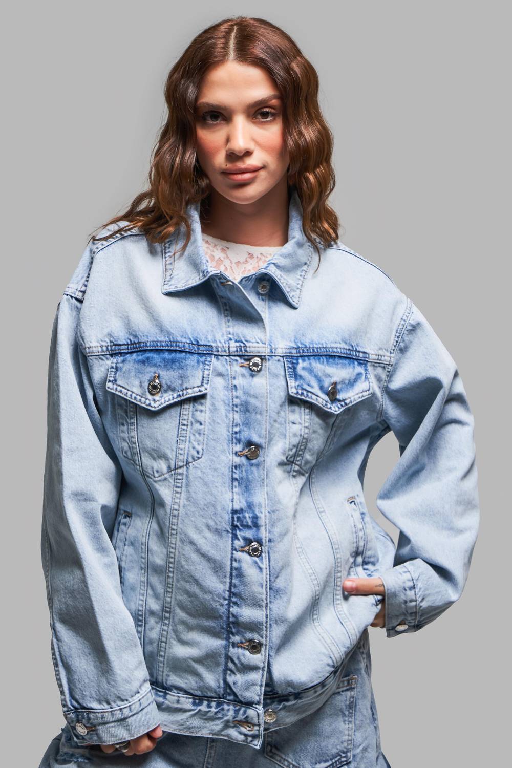 Kadın Kot Rengi 4S5-84 Oversize Bol Kesim %100 Koton Denim Ceket