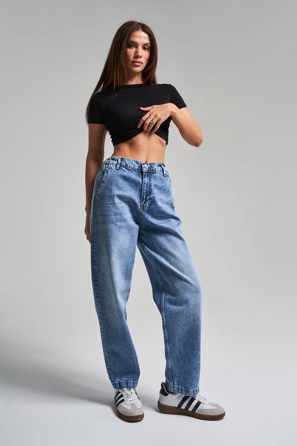 Kadın Kot Rengi 4s5-27 Carrot Fit %100 Koton Beli Lastikli Rahat Kalıp Denim Jean