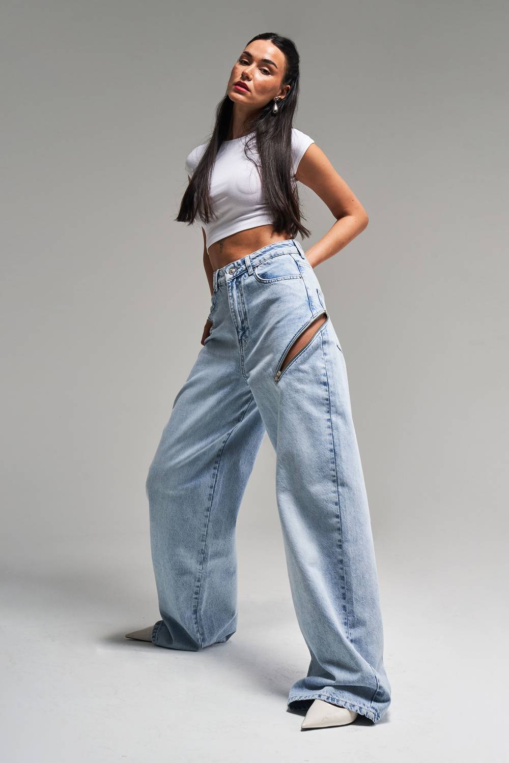 Kadın Snow Kot Rengi 4S5-3 Palazzo Fit Bol Kesim %100 Koton Fermuar Detaylı Tasarım Denim Jean