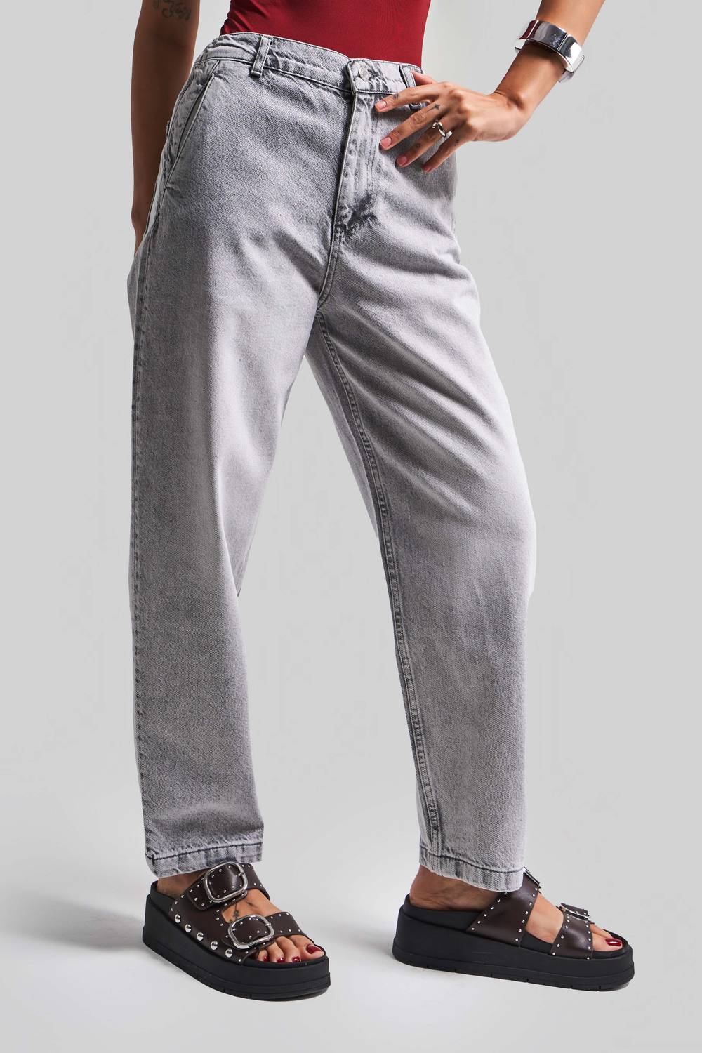 Kadın Gri Renk 4s5-12 Carrot Fit %100 Koton Beli Lastikli Rahat Kalıp Denim Jean