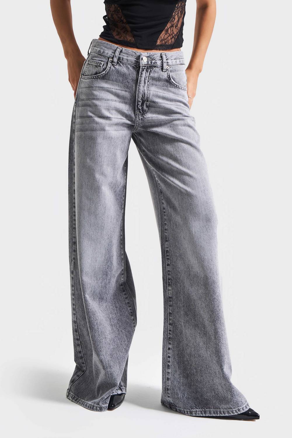 Kadın Gri Renk 4s5-13 Palazzo Fit Bol Kesim %100 Koton Orta Bel Denim Jean