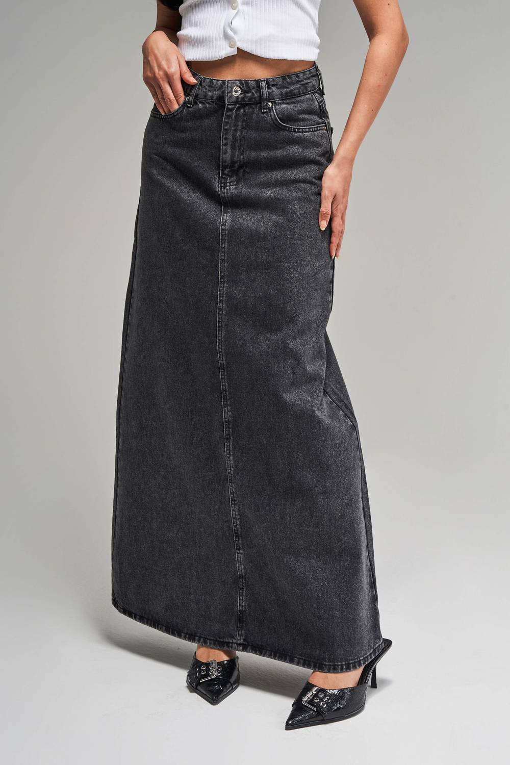 Kadın Antrasit Kot Rengi 3S5-14 Çan Kesim %100 Koton Maxi Boy 100 cm Denim Etek