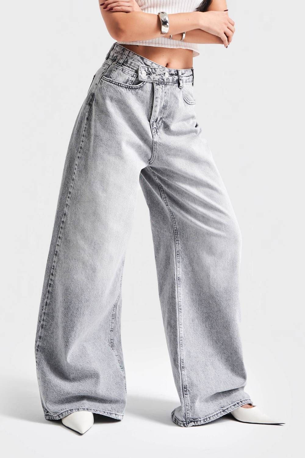 Kadın Gri Kot Rengi 4S5-12 Mega Baggy Fit Bol Kesim %100 Koton Denim Jean