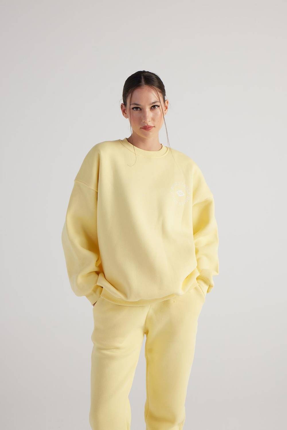 Свитшот желтый, длинный рукав, круглый вырез, размер XS, 3-ниточный материал с начесом