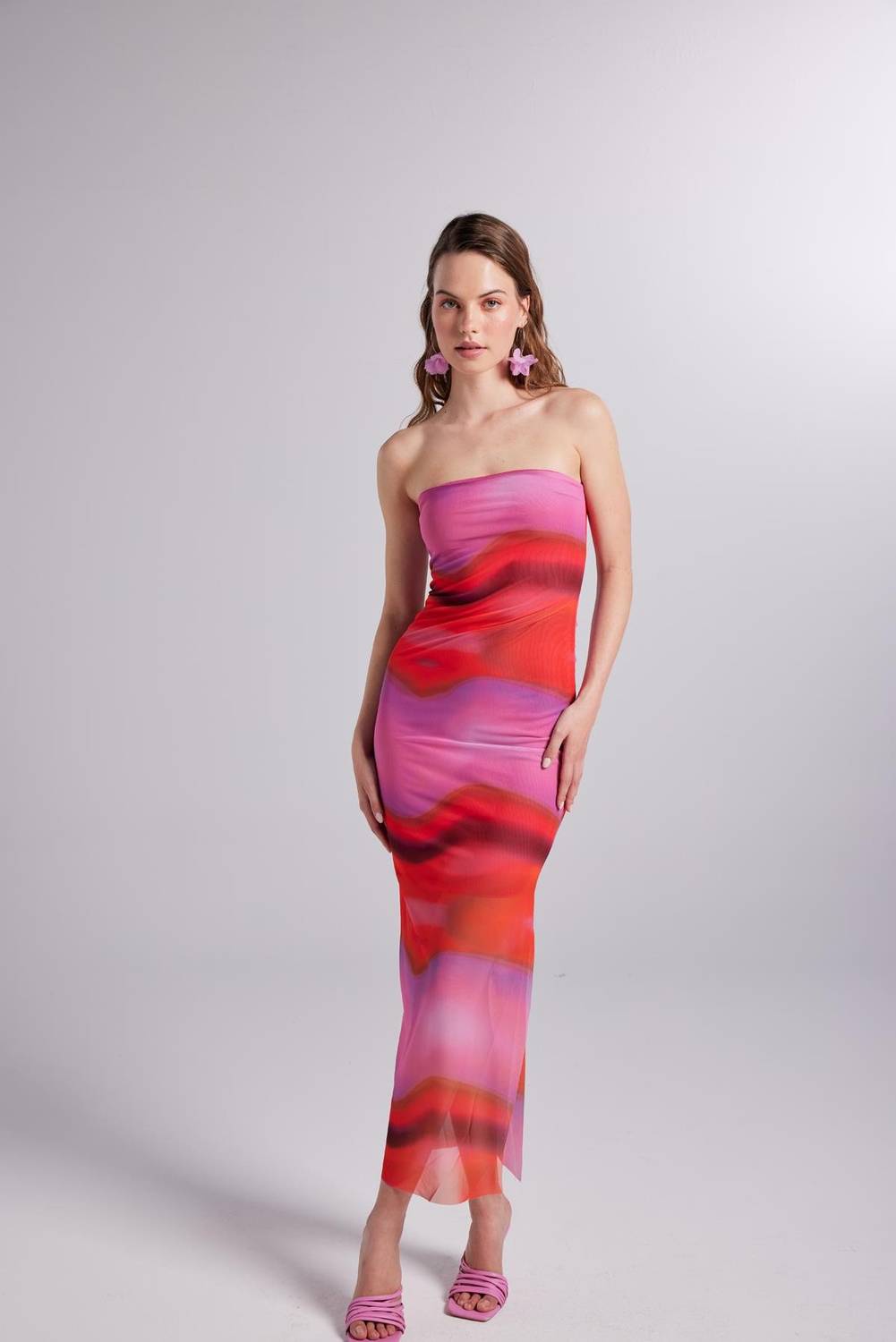 Lined Patterned Strapless Tulle Dress in Pink, Size XS