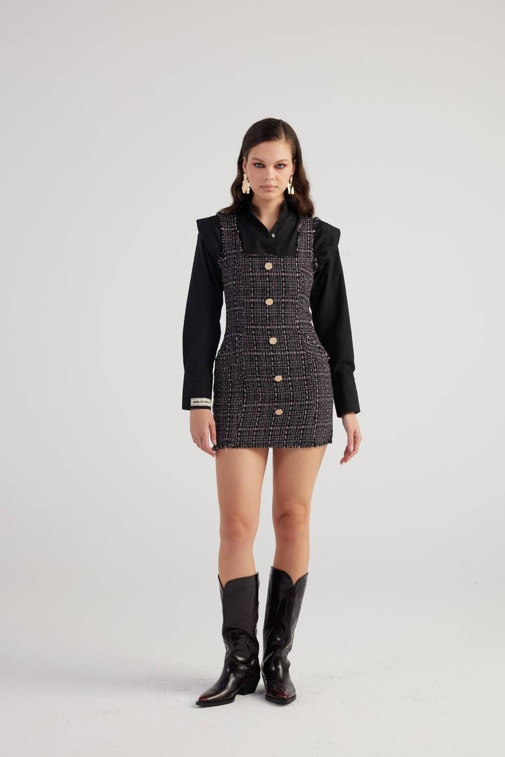 Міні-сукня із твідової тканини чорного кольору з металевими гудзиками, розмір XS