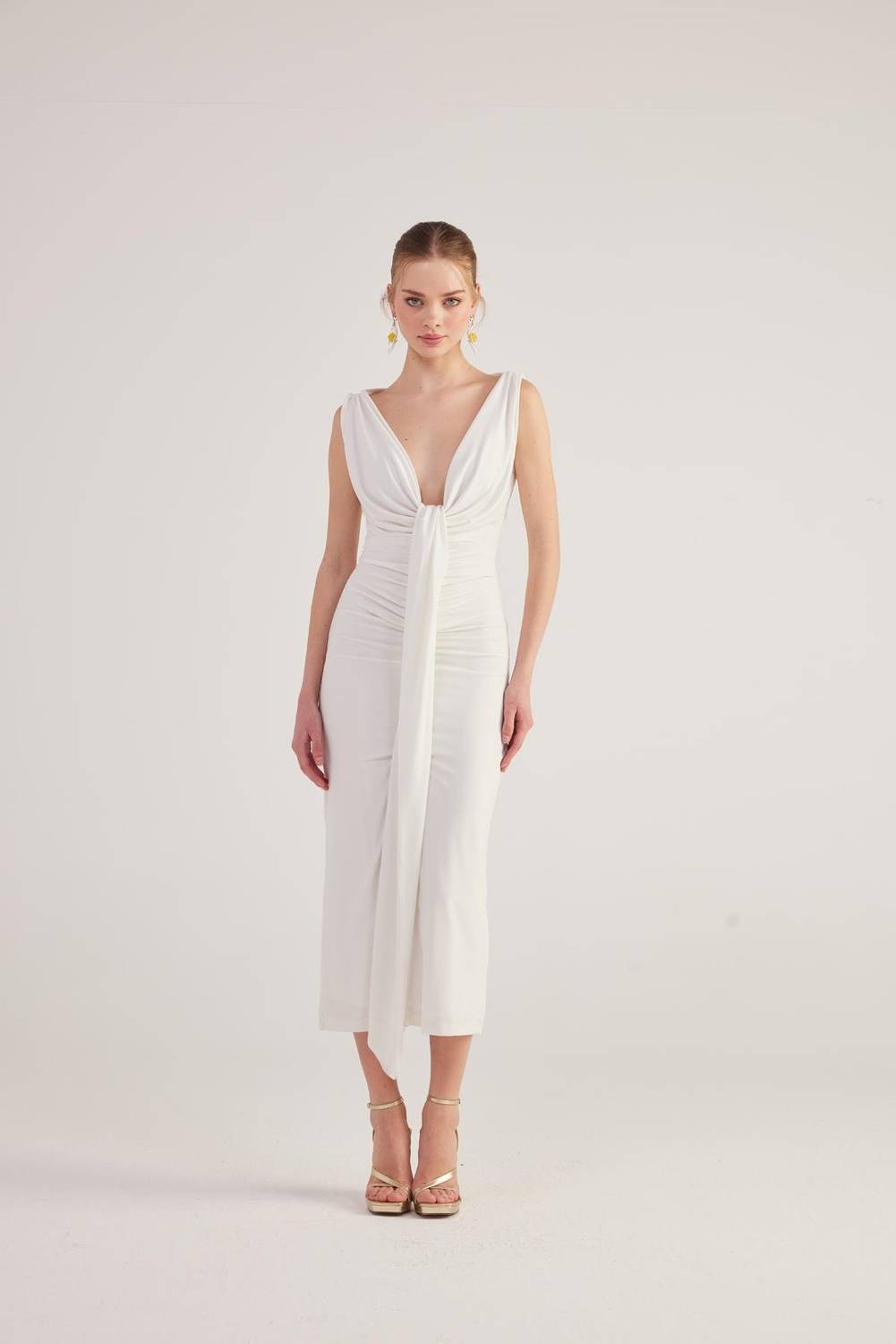 White V-Neck Long Dress with Front Slit and Lining, Available in Sizes XS, S, M, L