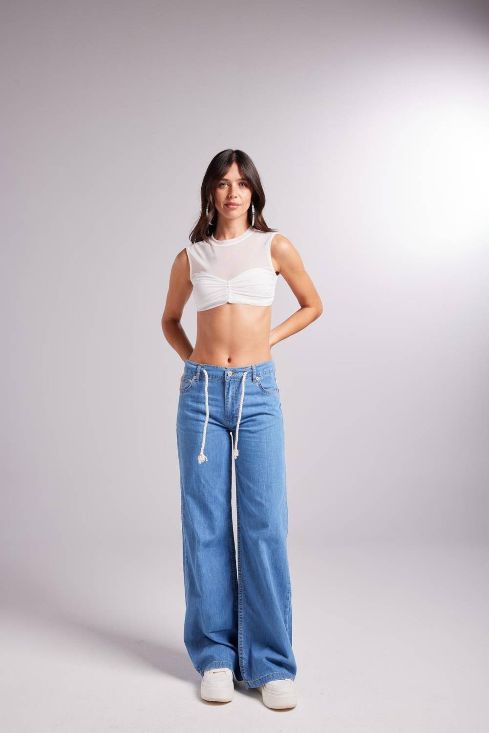 Soft Fabric Loose Jean Pants with Tie Waist, Mid-Low Rise, Wide Leg - Available in Blue and Sizes XS to L