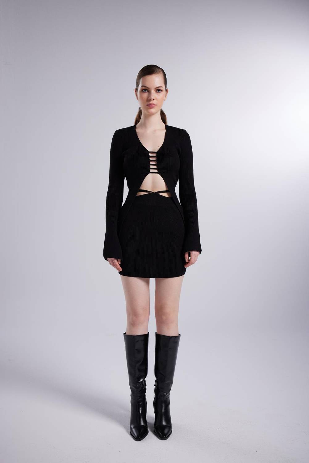 Чорна міні-спідниця з еластаном та зав'язками на талії, універсальний розмір STD, підходить для XS, S, M