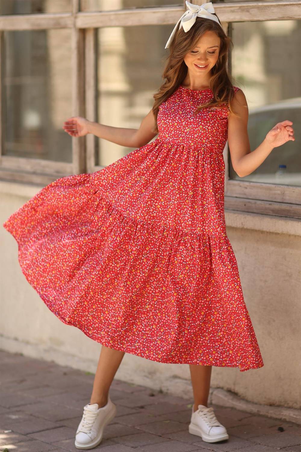 Красное цветочное безрукавное многослойное платье из 100% хлопкового поплина, размеры: S, M, L, XL, XXL, 3XL