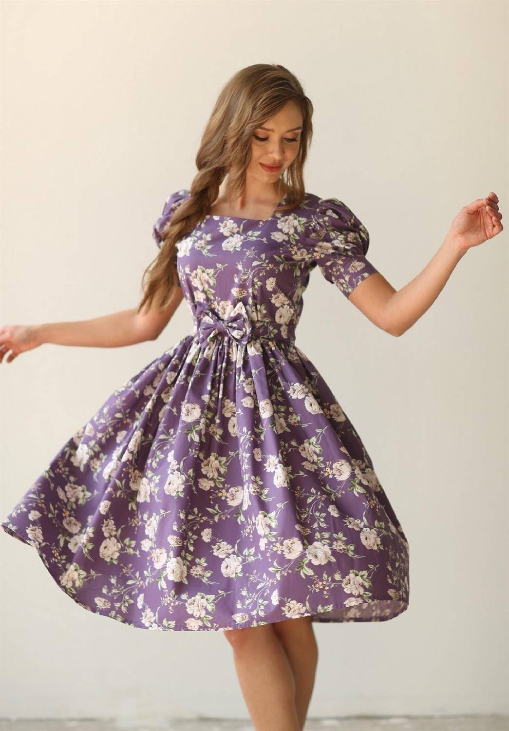Purple Floral Watermelon Sleeve Dress