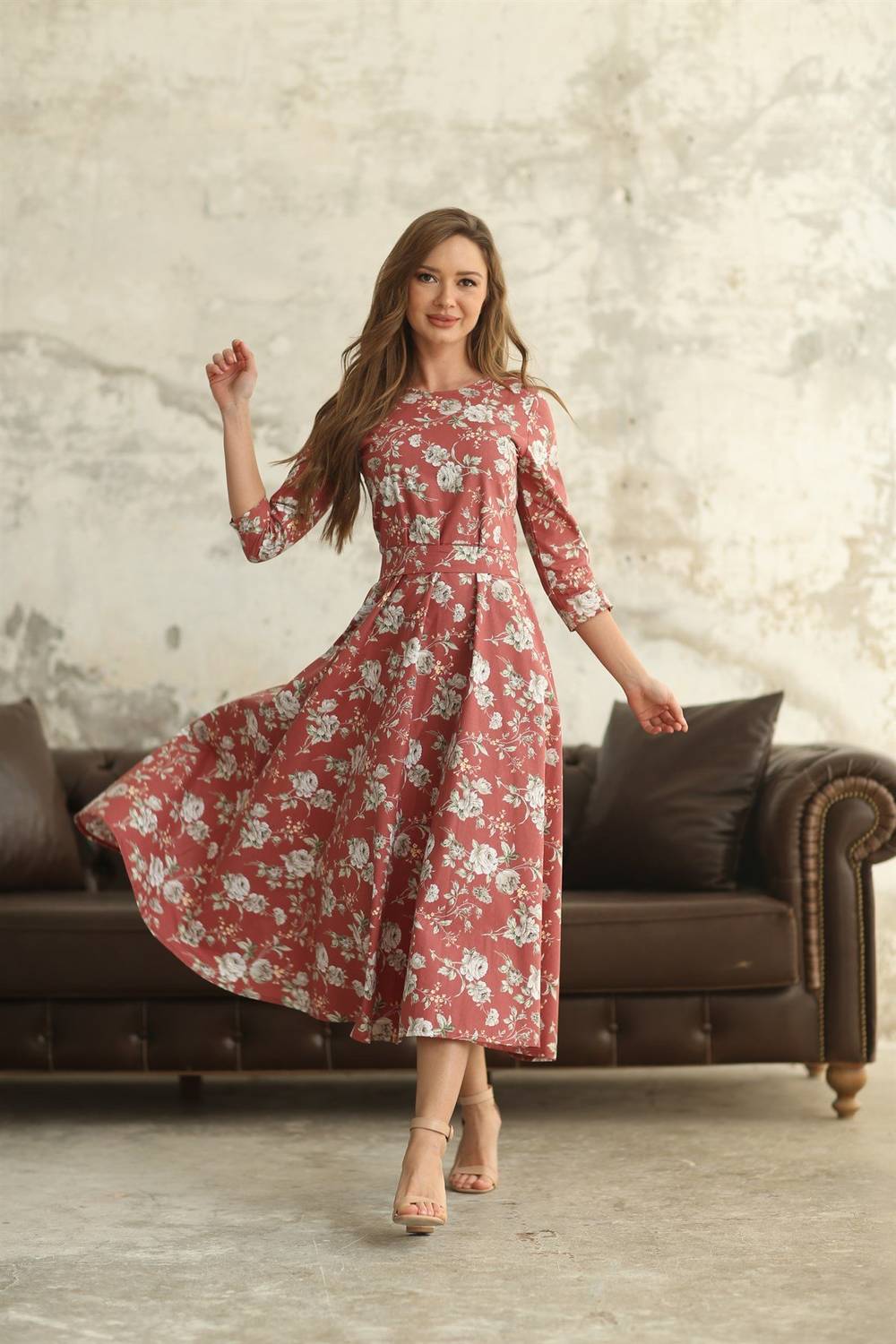 Kiremit Rengi Çiçekli Elbise