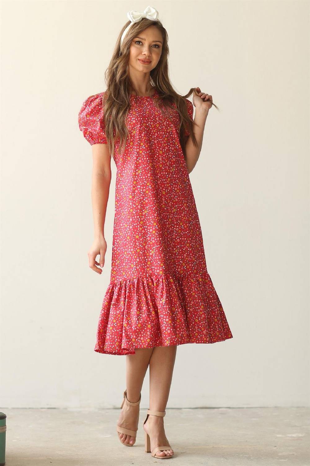 Kırmızı Çiçekli Balon Kol Elbise