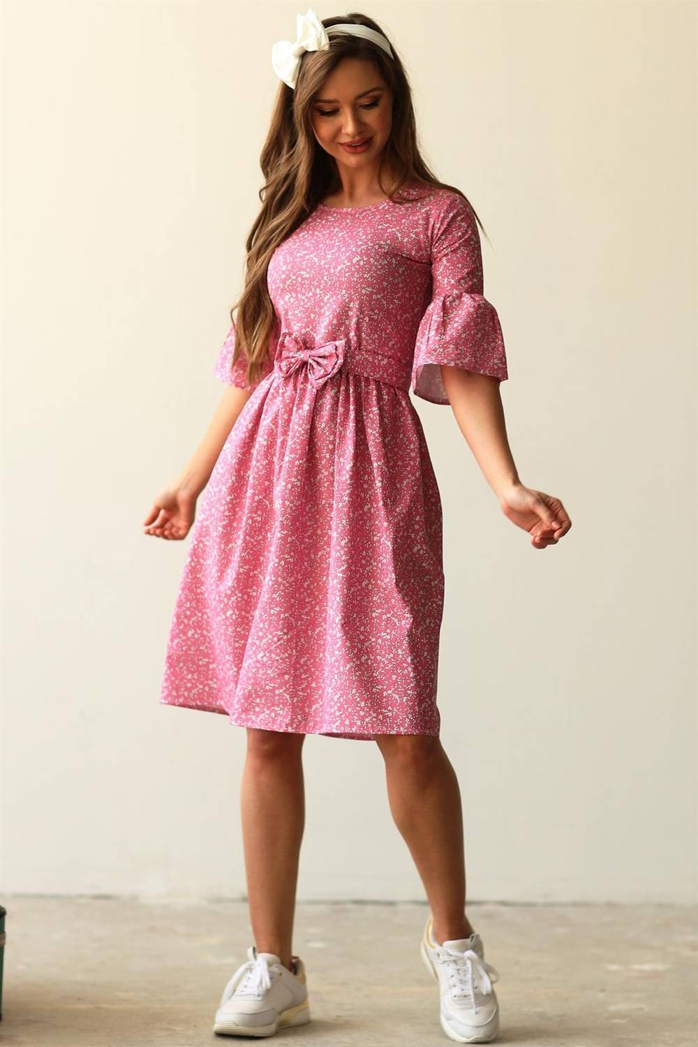 Pink Poplin Waist Pleated Dress