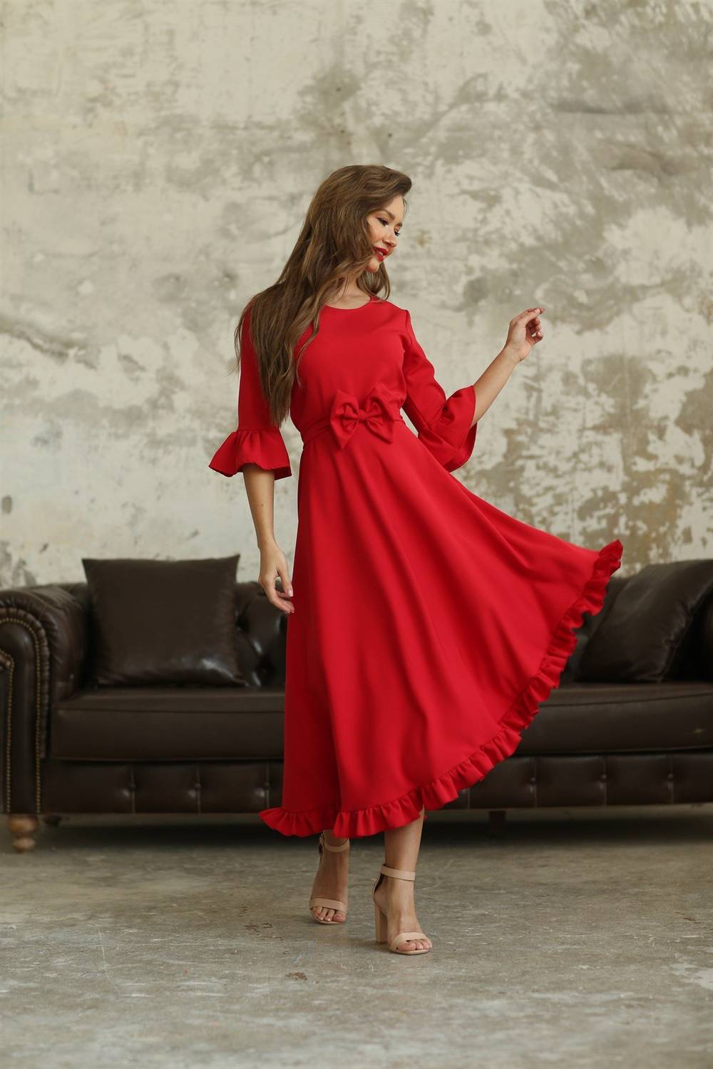 Red Crepe Dress with Asymmetrical Cut Sleeves and Frill Hem
