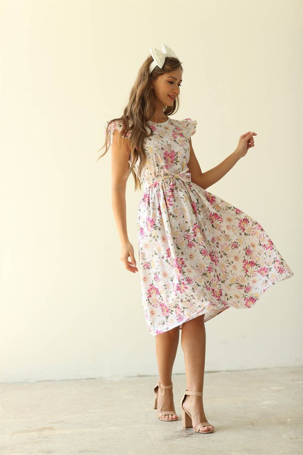 Butterfly Sleeve Pink Daisy Dress