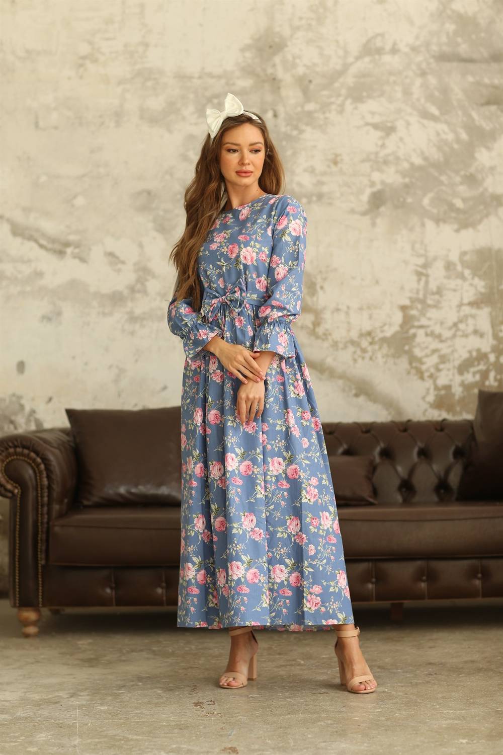 Hijab Blue Ground Pink Floral Poplin Dress