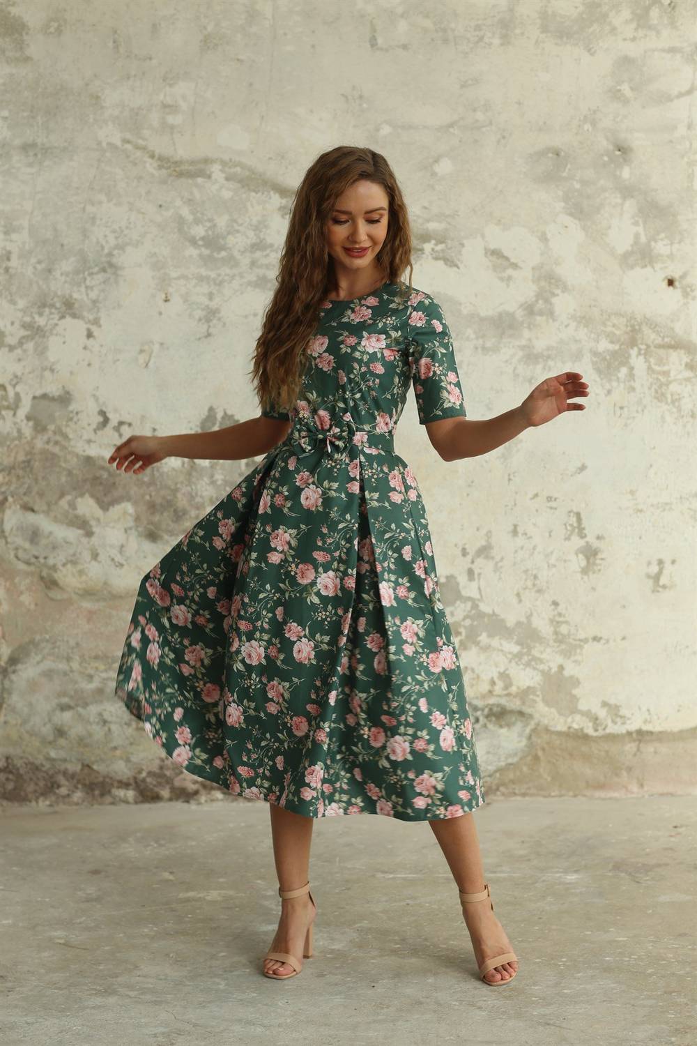 Green Ground Pink Rose Pleated Poplin Dress