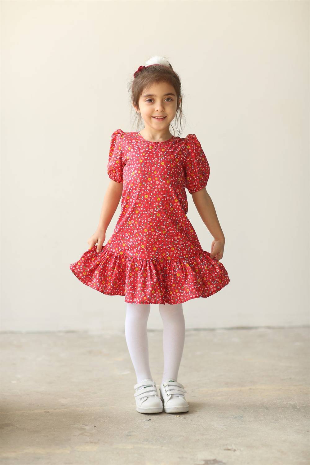 Red Floral Balloon Sleeve Girl Dress