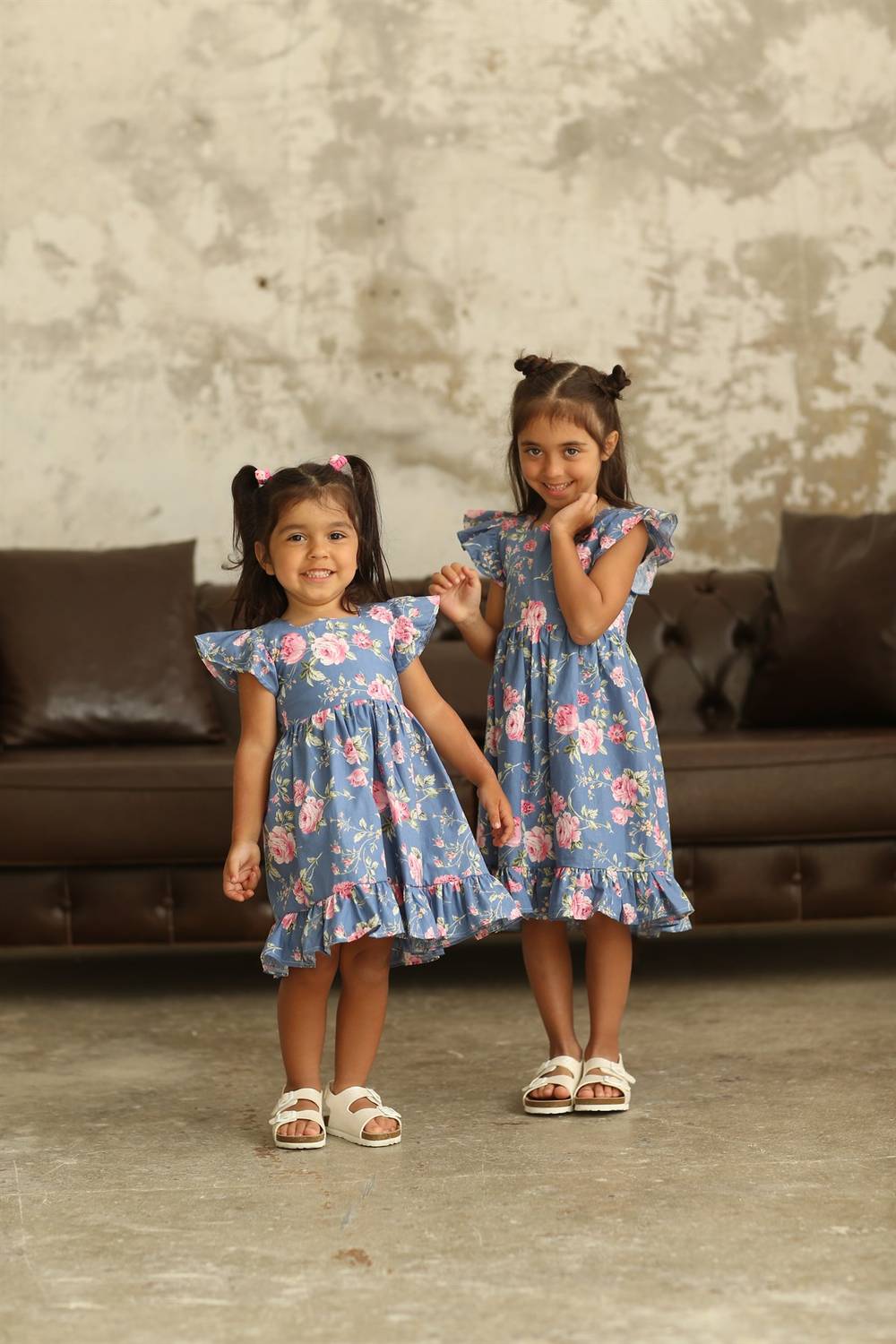 Mavi Pembe Çiçekli Kare Yaka Kız Çocuk Elbise