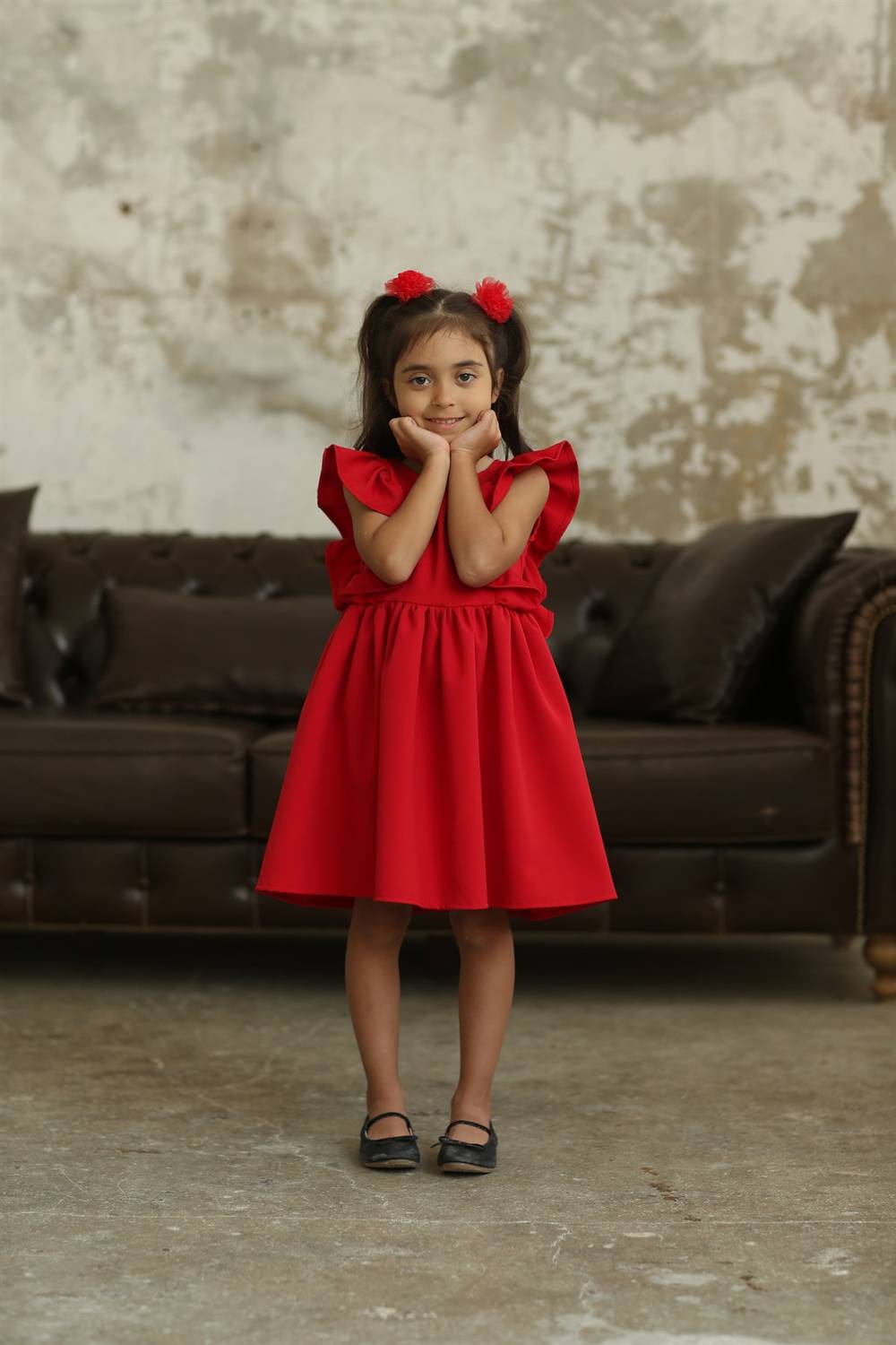 Red Ruffled Sleeve Girl Dress