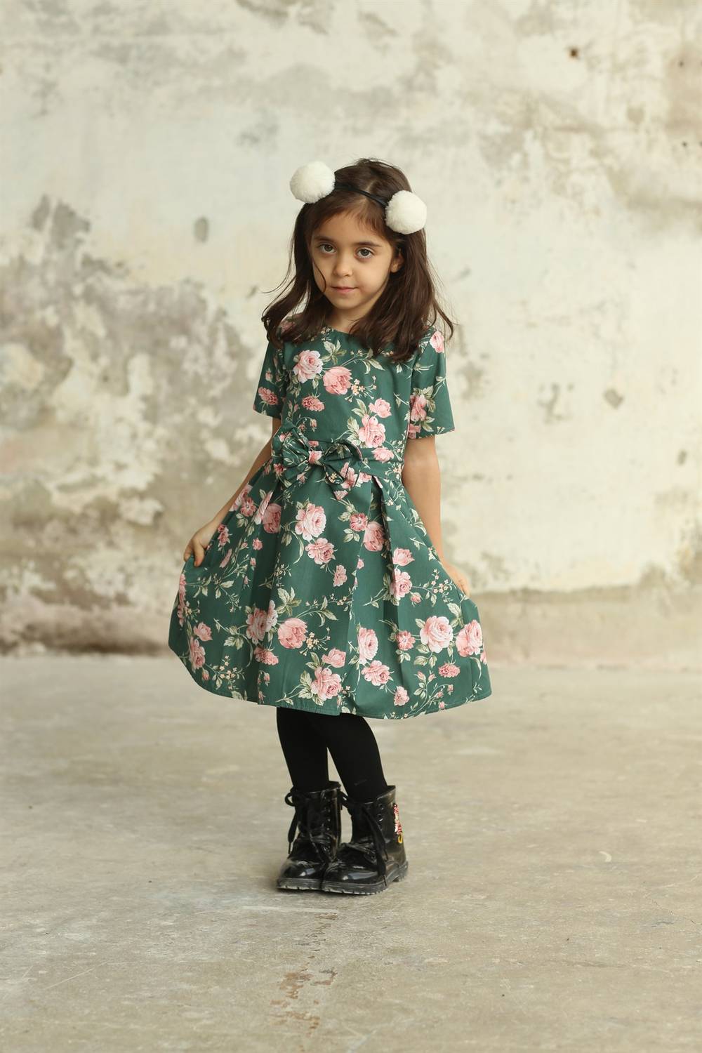 Green Pink Floral Flare Girl Dress