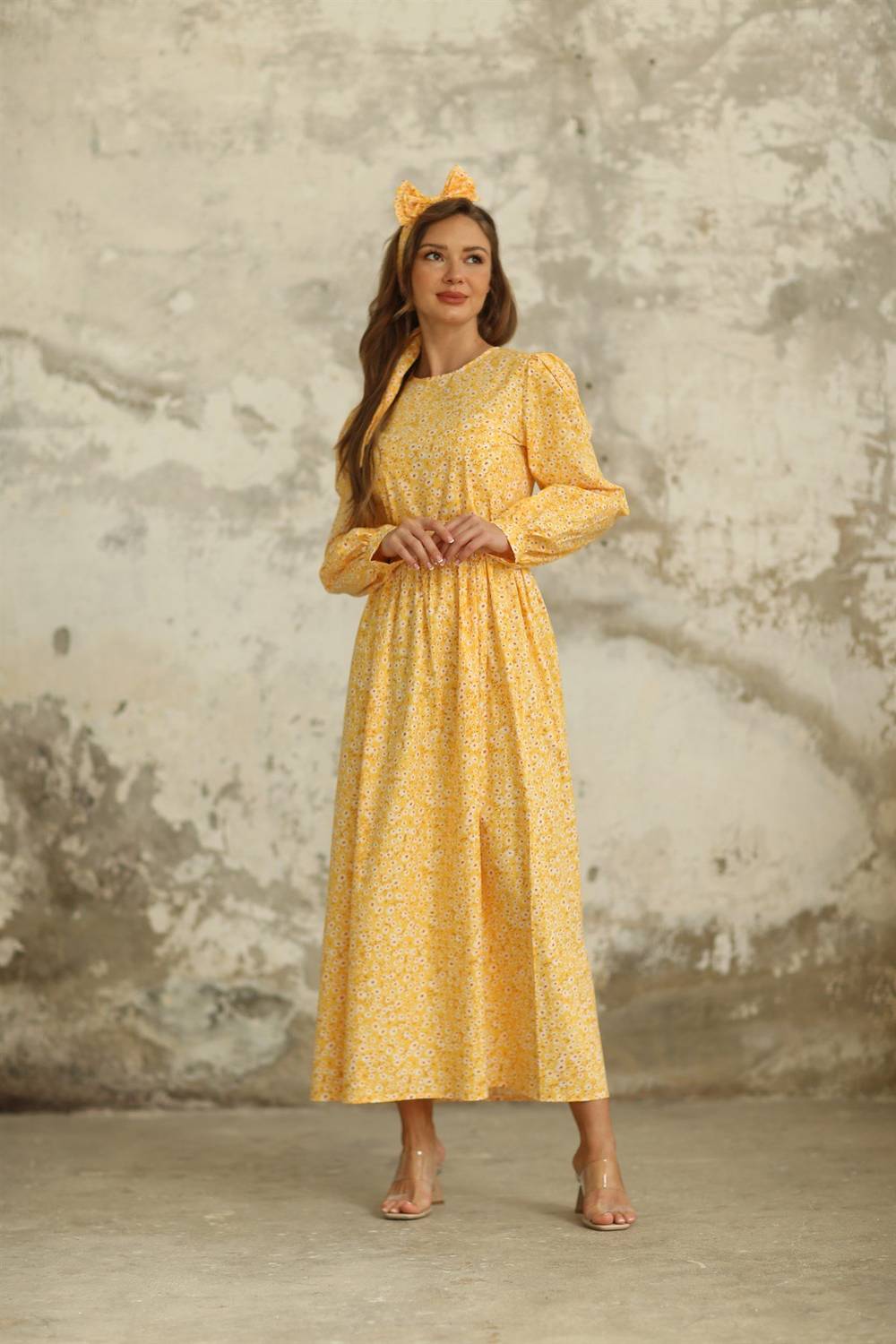 Tesettür Sarı Papatya Poplin Elbise