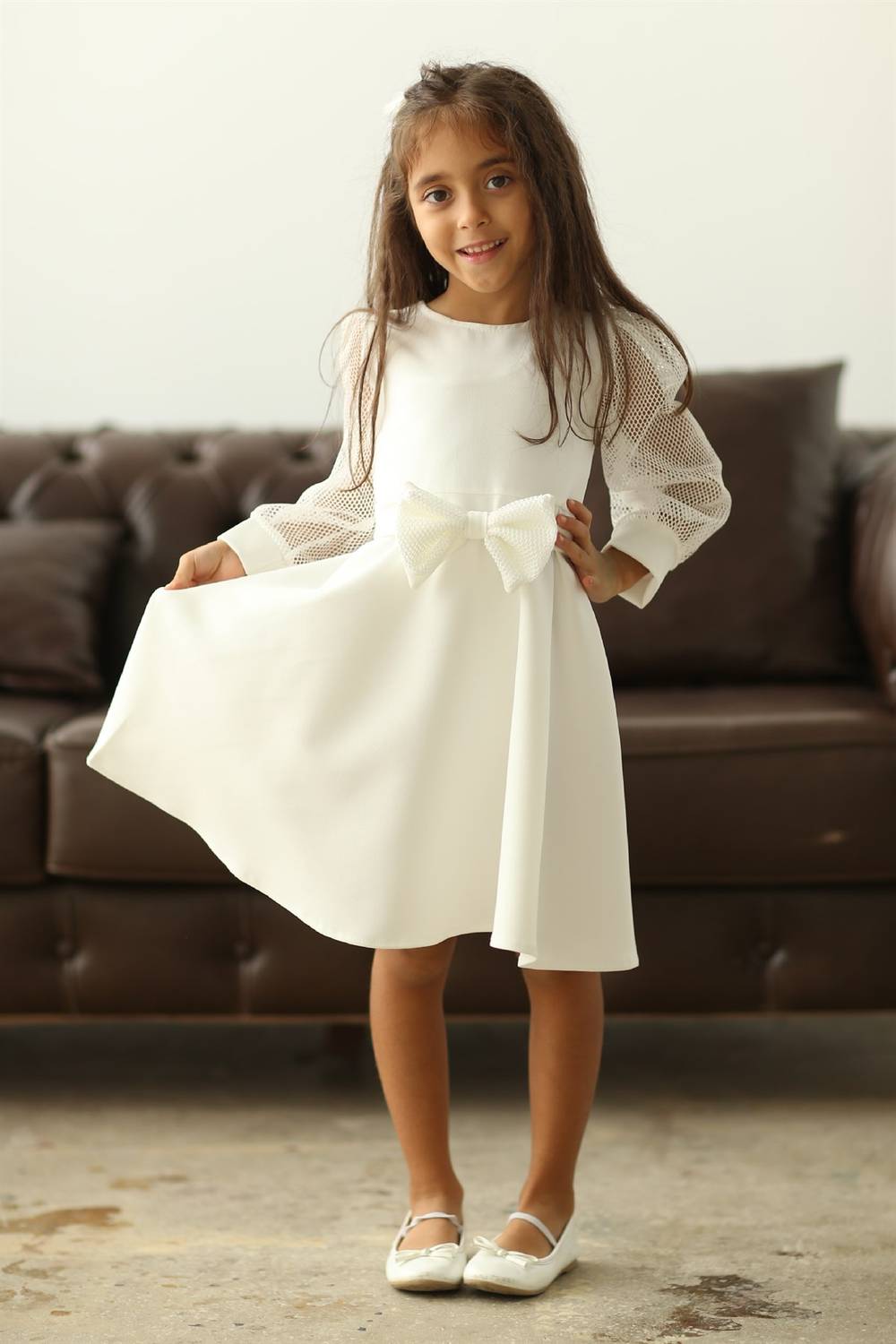 Белое платье с оборками для девочек из двойного крепа, рекомендованная стирка вручную, размеры от 1 до 9 лет