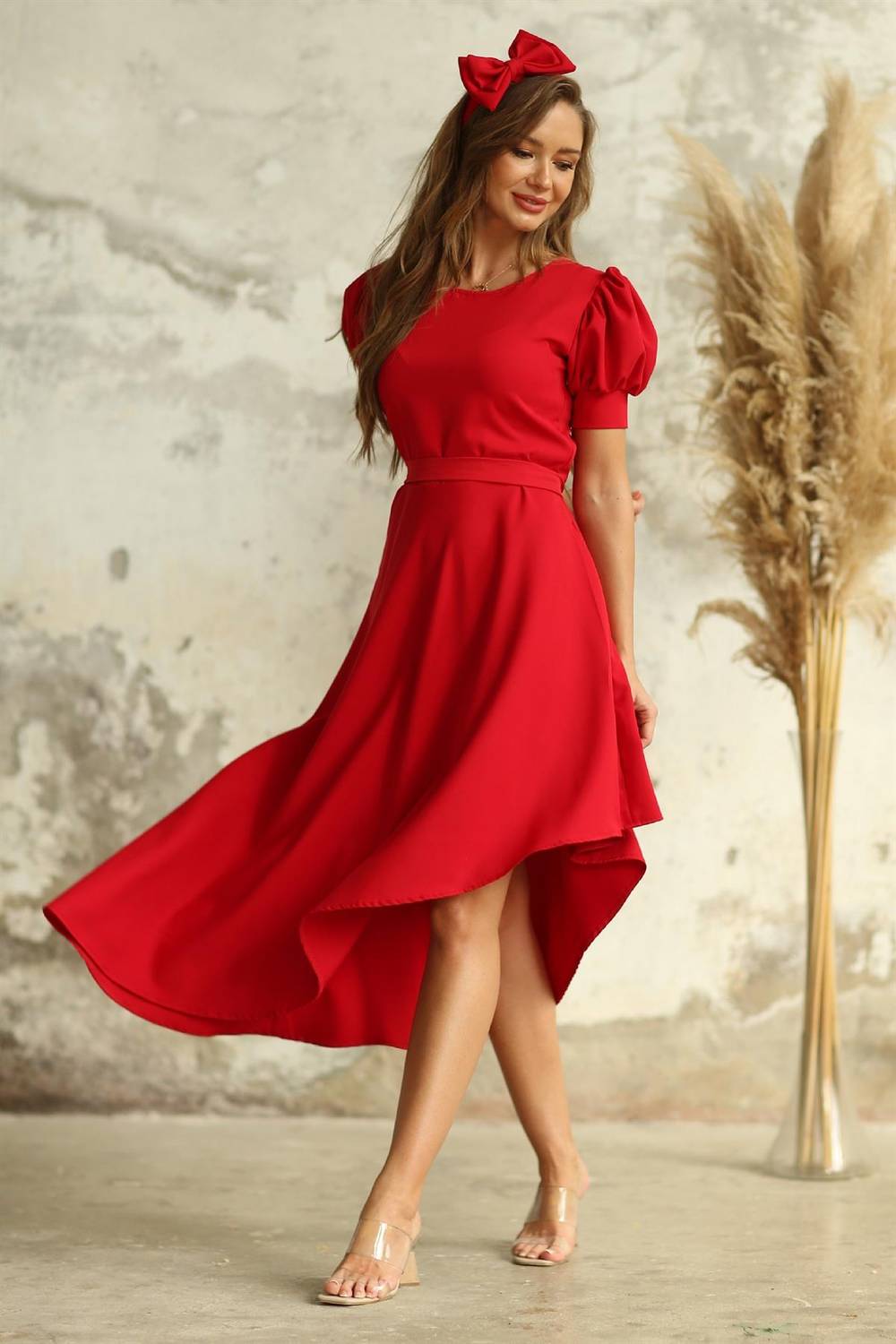 Asymmetrical Cut Watermelon Sleeve Red Crepe Dress
