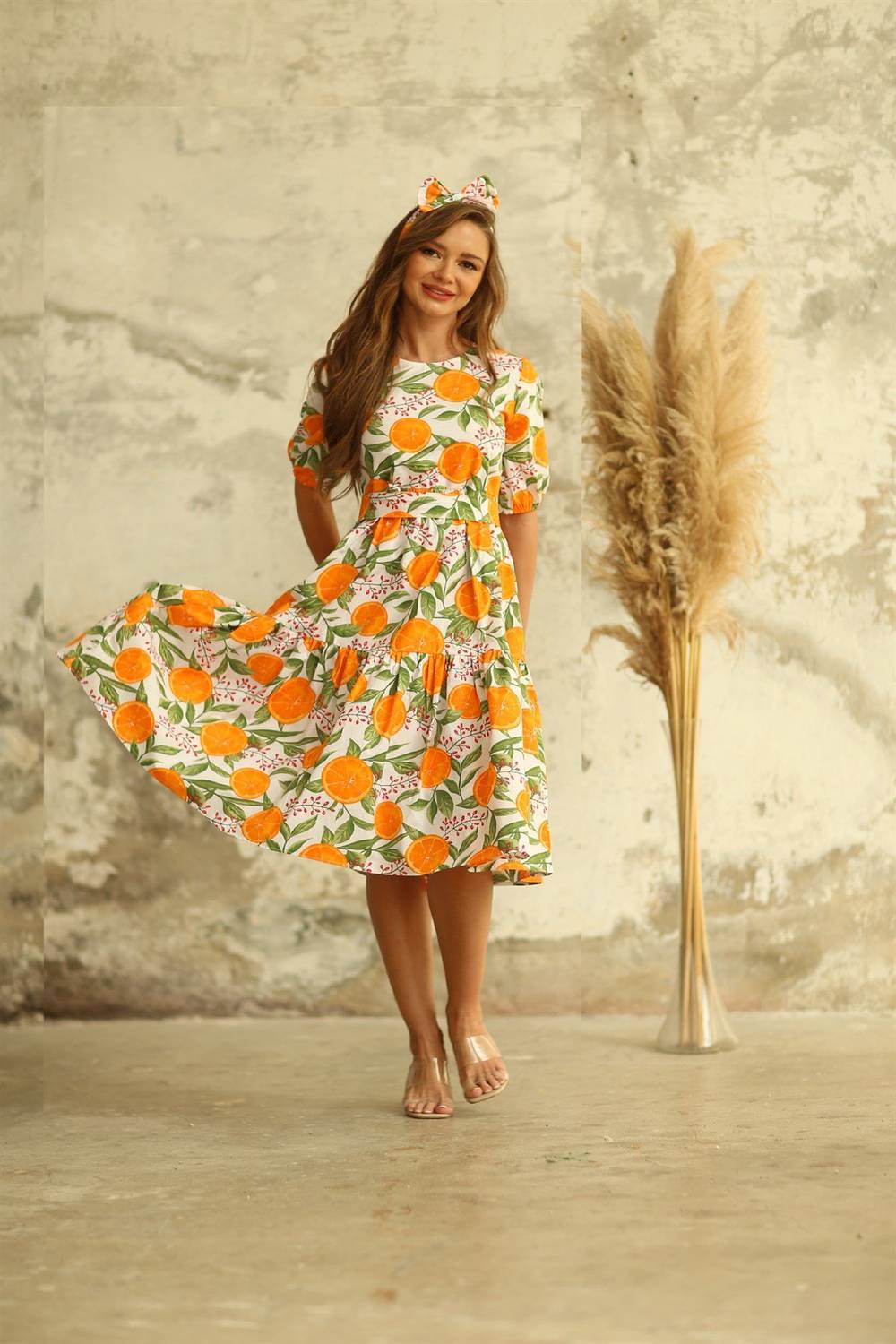 Orange Patterned Layered Short Sleeve Poplin Dress