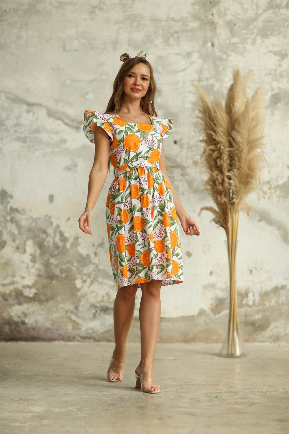 Orange Pleated Square Neck Poplin Dress