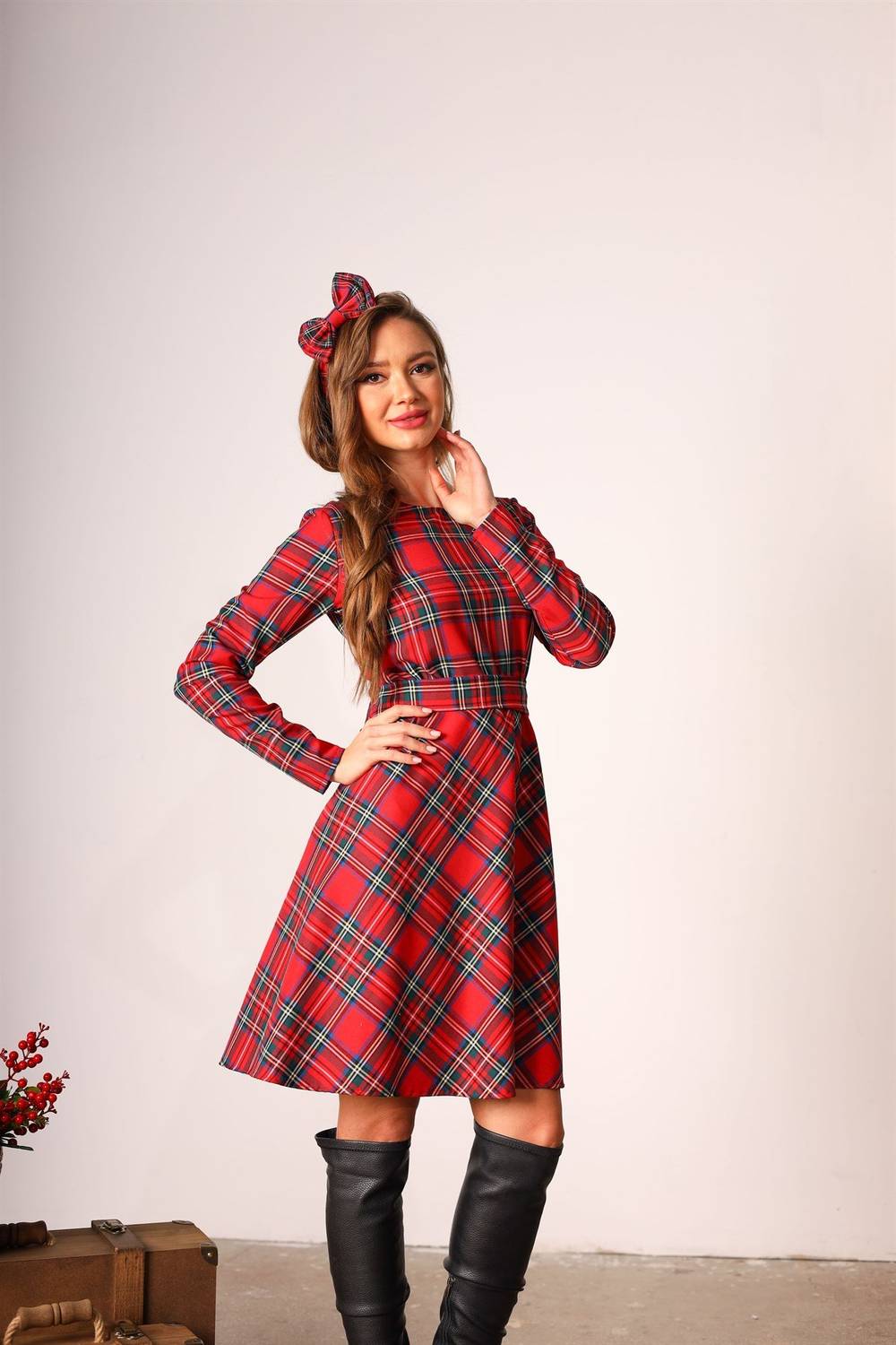 Kırmızı Kloş Ekose Elbise