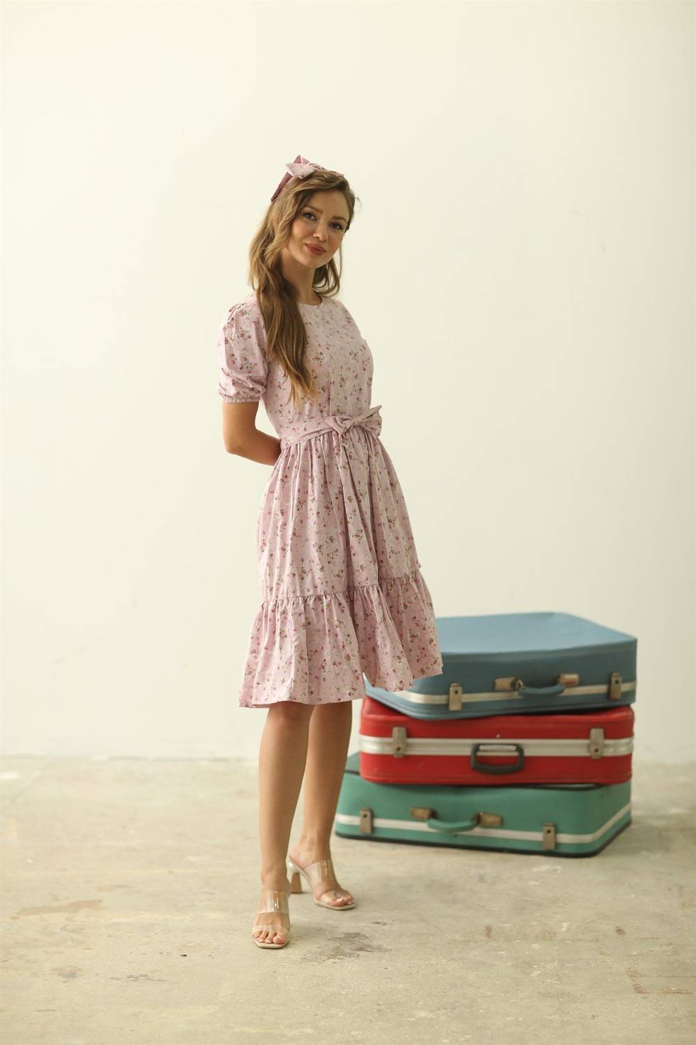 Мягкое розовое платье с мелким цветочным принтом из поплина, размер 36-46, длина 100 см, рекомендуется ручная стирка