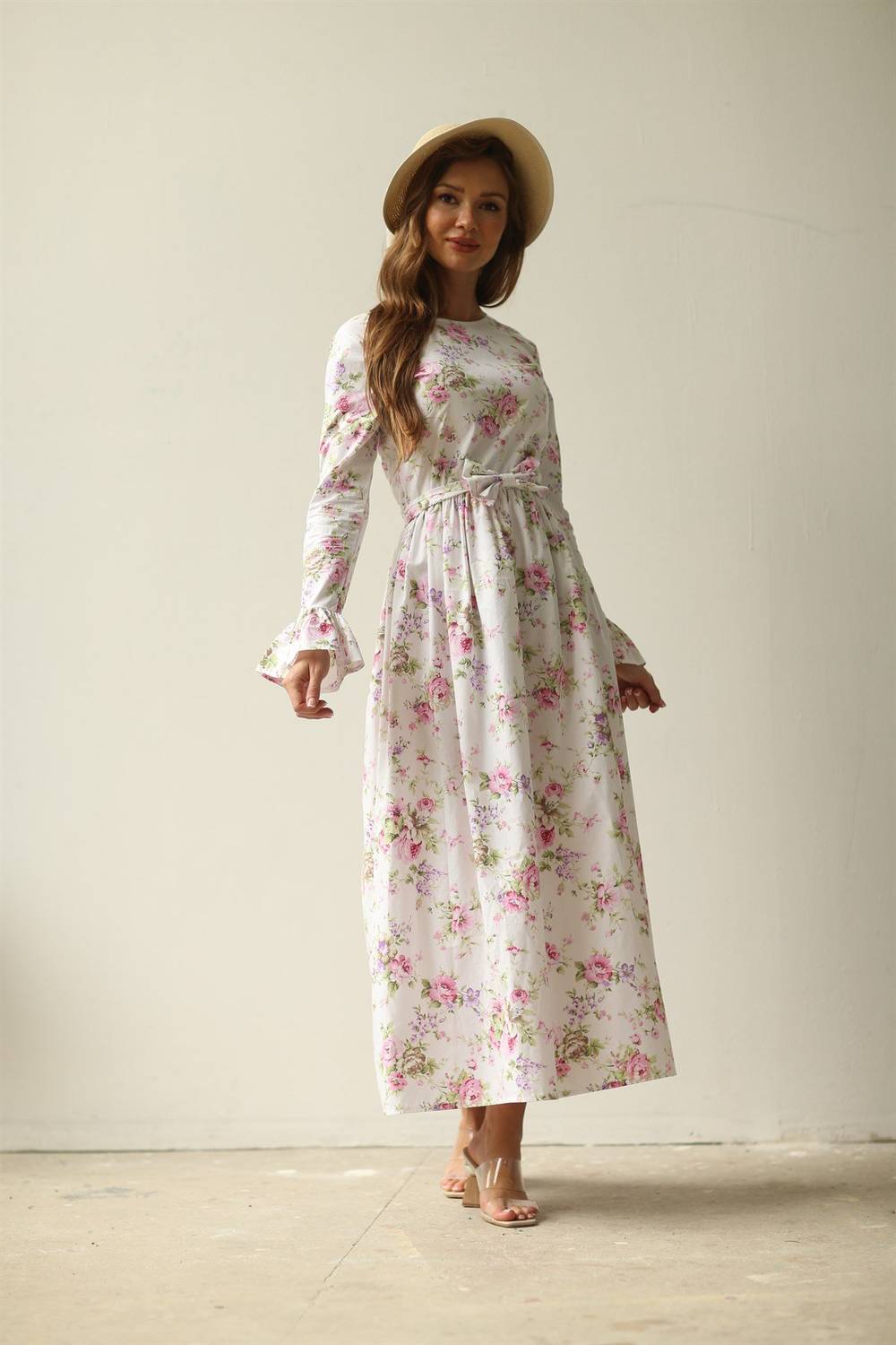 Hijab White Background Pink Purple Floral Poplin Dress