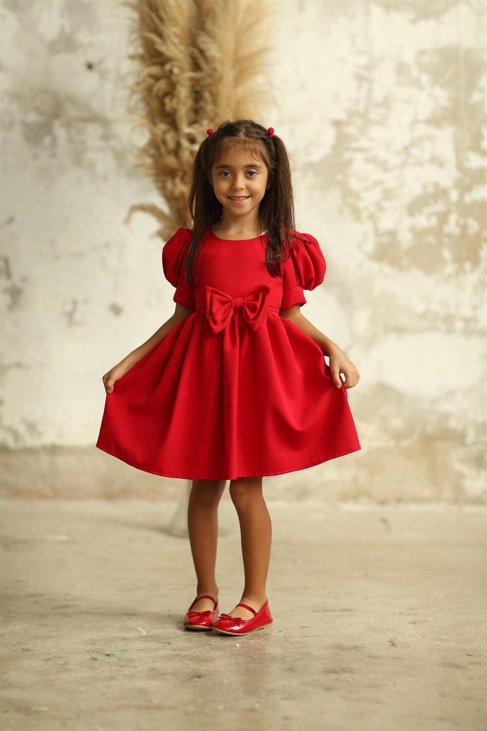 فستان بناتي بأكمام بطيخ أحمر