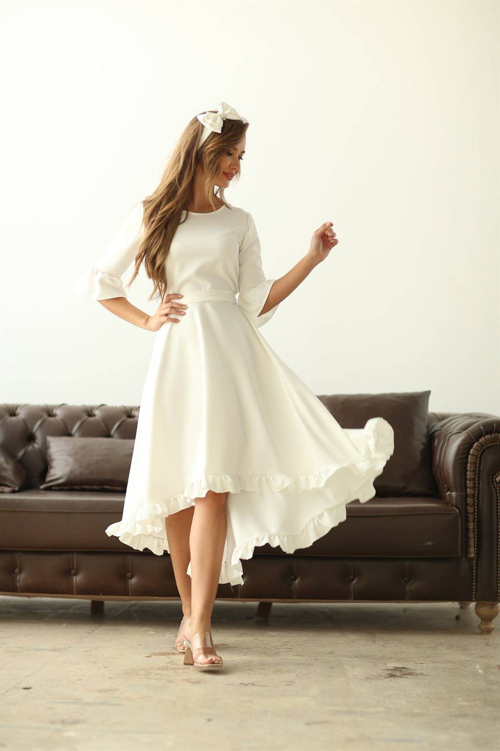 White Crepe Dress With Asymmetrical Cut Sleeves and Frill Hem