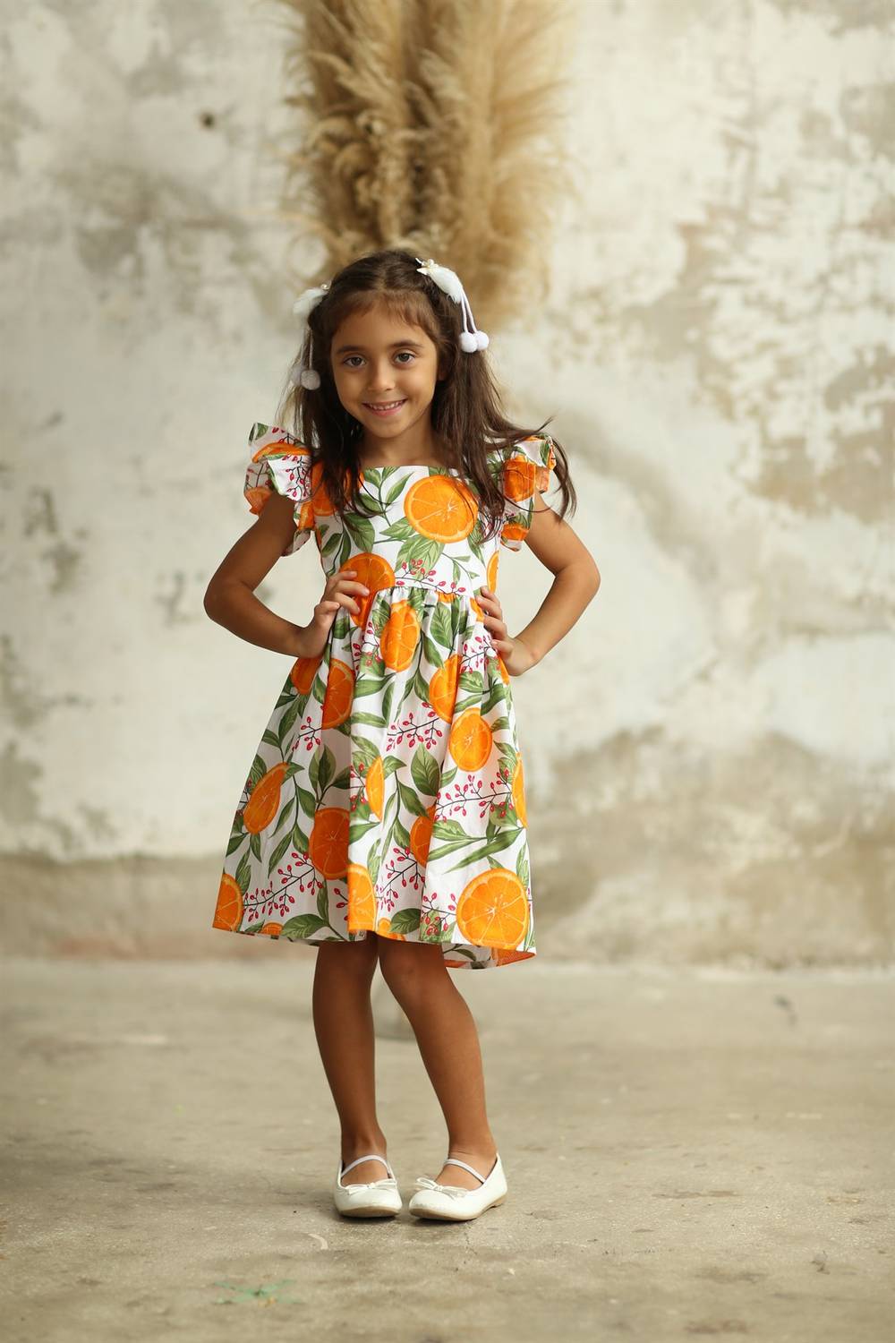 Orange Pleated Waist Girl Dress
