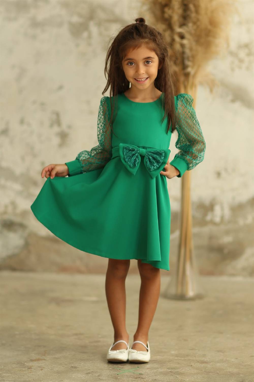 Yeşil Tül Kollu Kloş Kız Çocuk Elbise