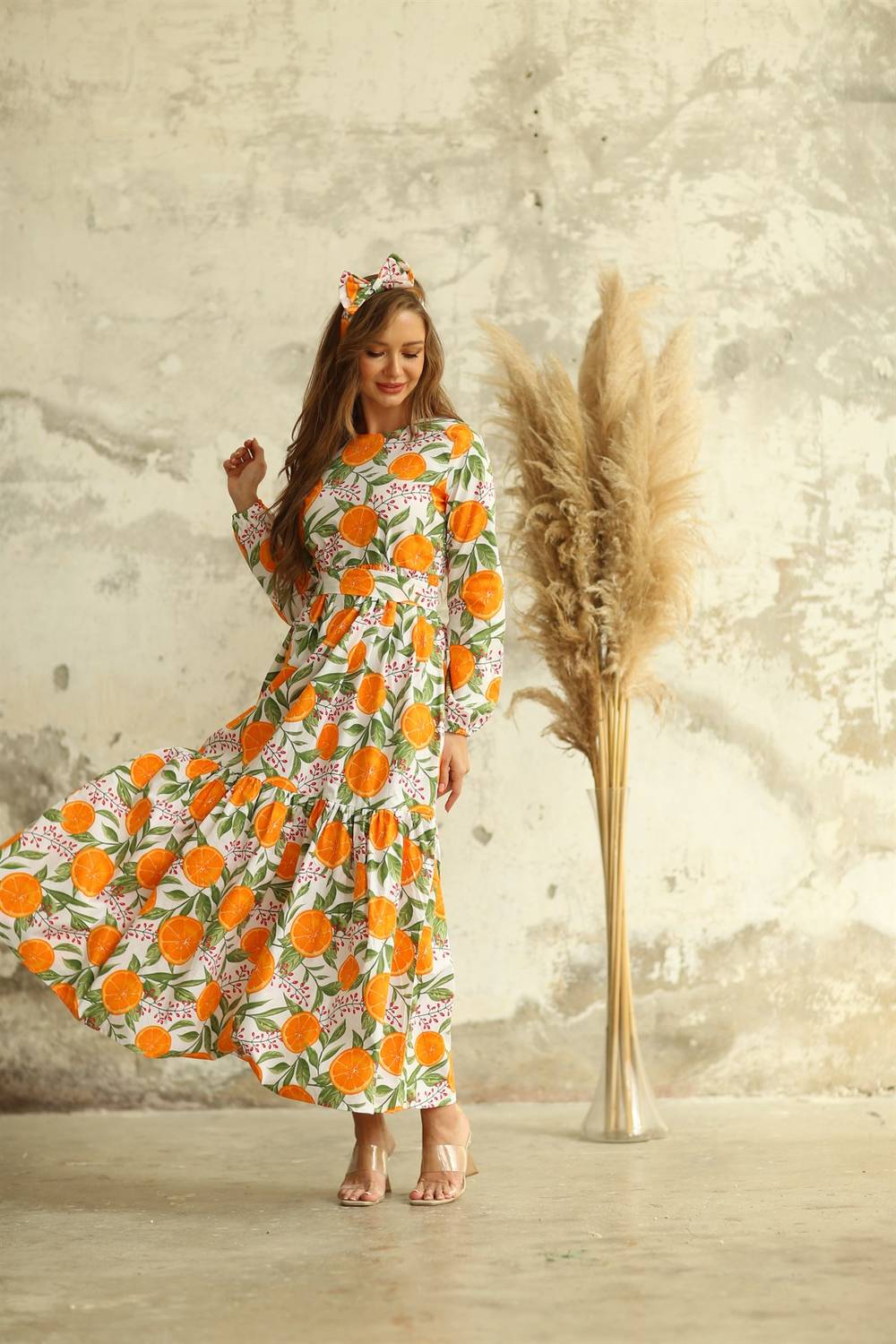 Hijab Orange Patterned Layered Poplin Dress